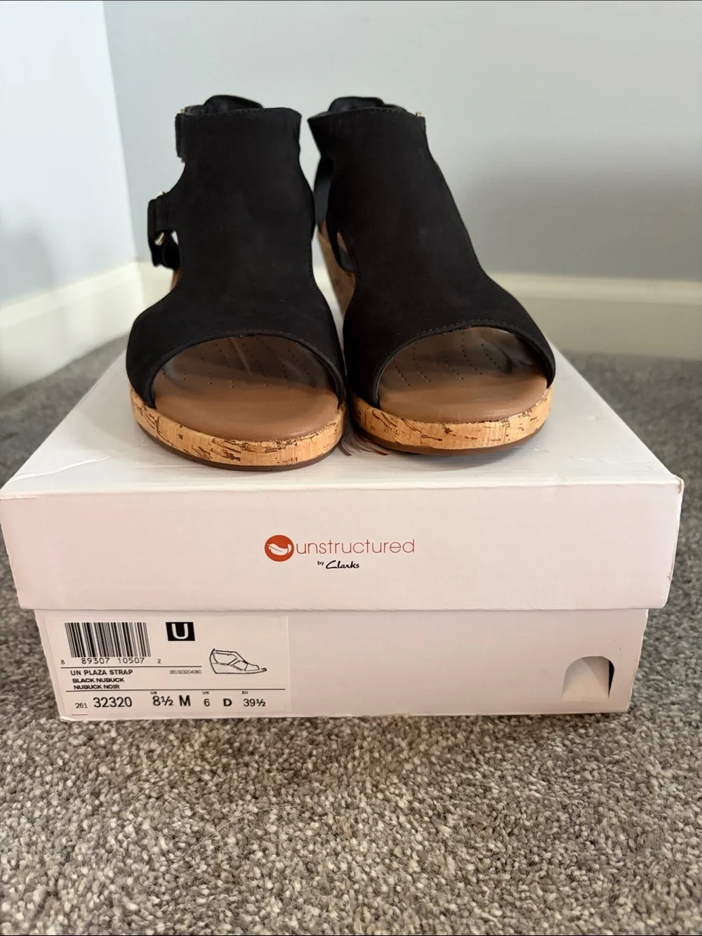 Clarks Black Open-Toe Cork Wedge Sandals